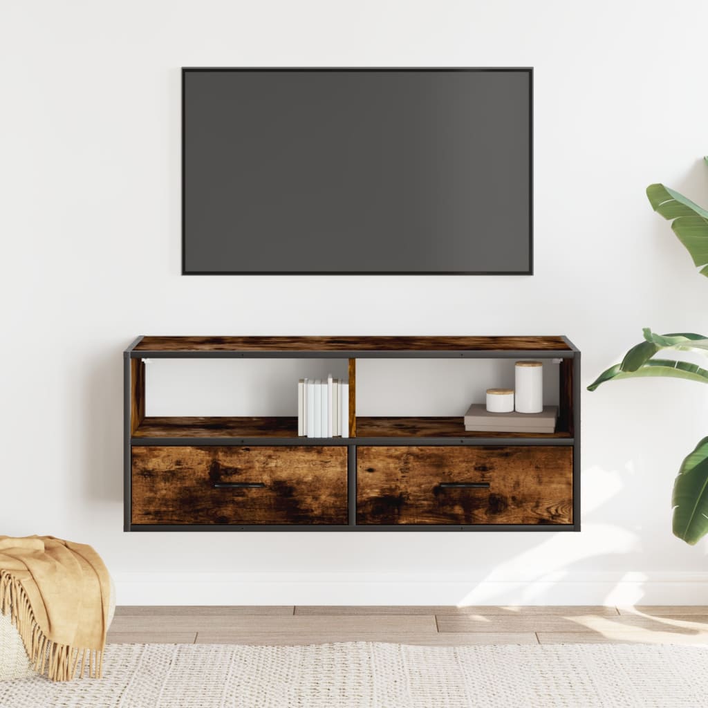 Meuble TV chêne fumé 100x31x39,5 cm en bois et métal