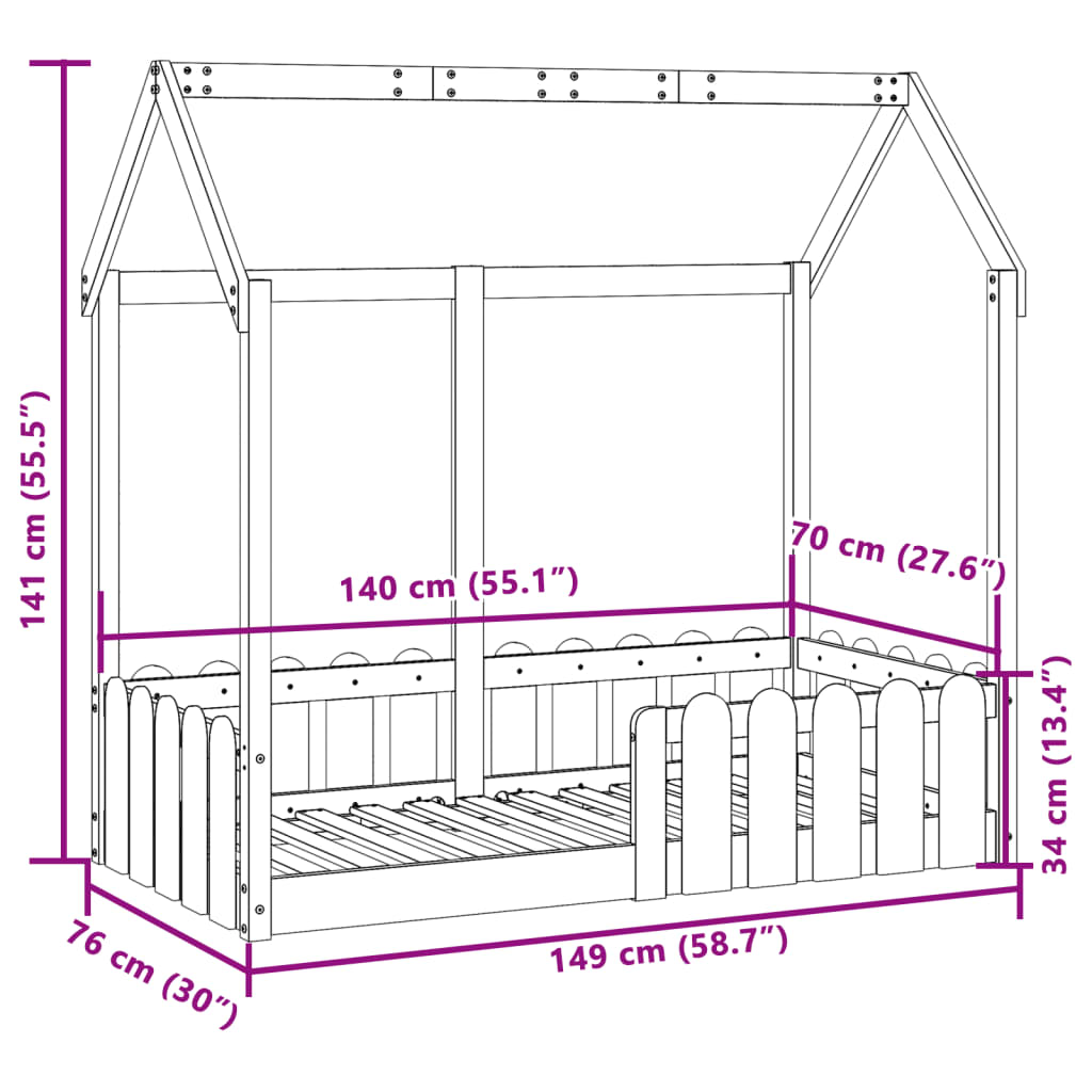 Lit enfant lit cabane 70x140 cm bois de pin massif