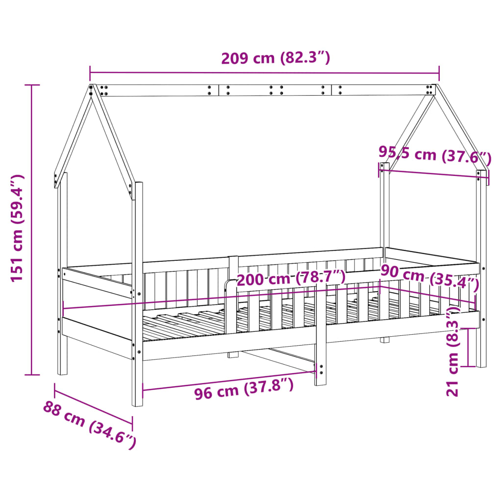 Lit enfant 90x200 cm en pin massif