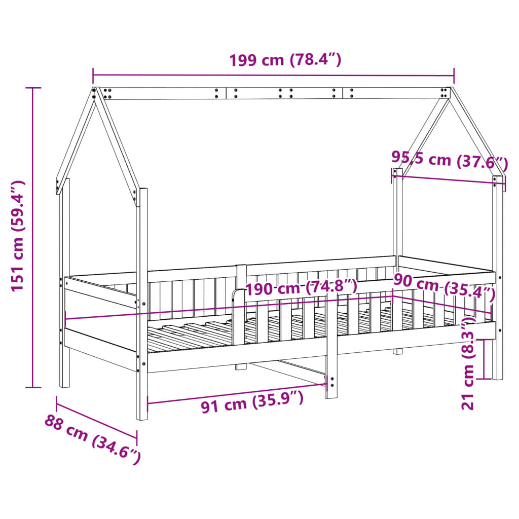 Lit enfant lit cabane 90x190 cm bois de pin massif