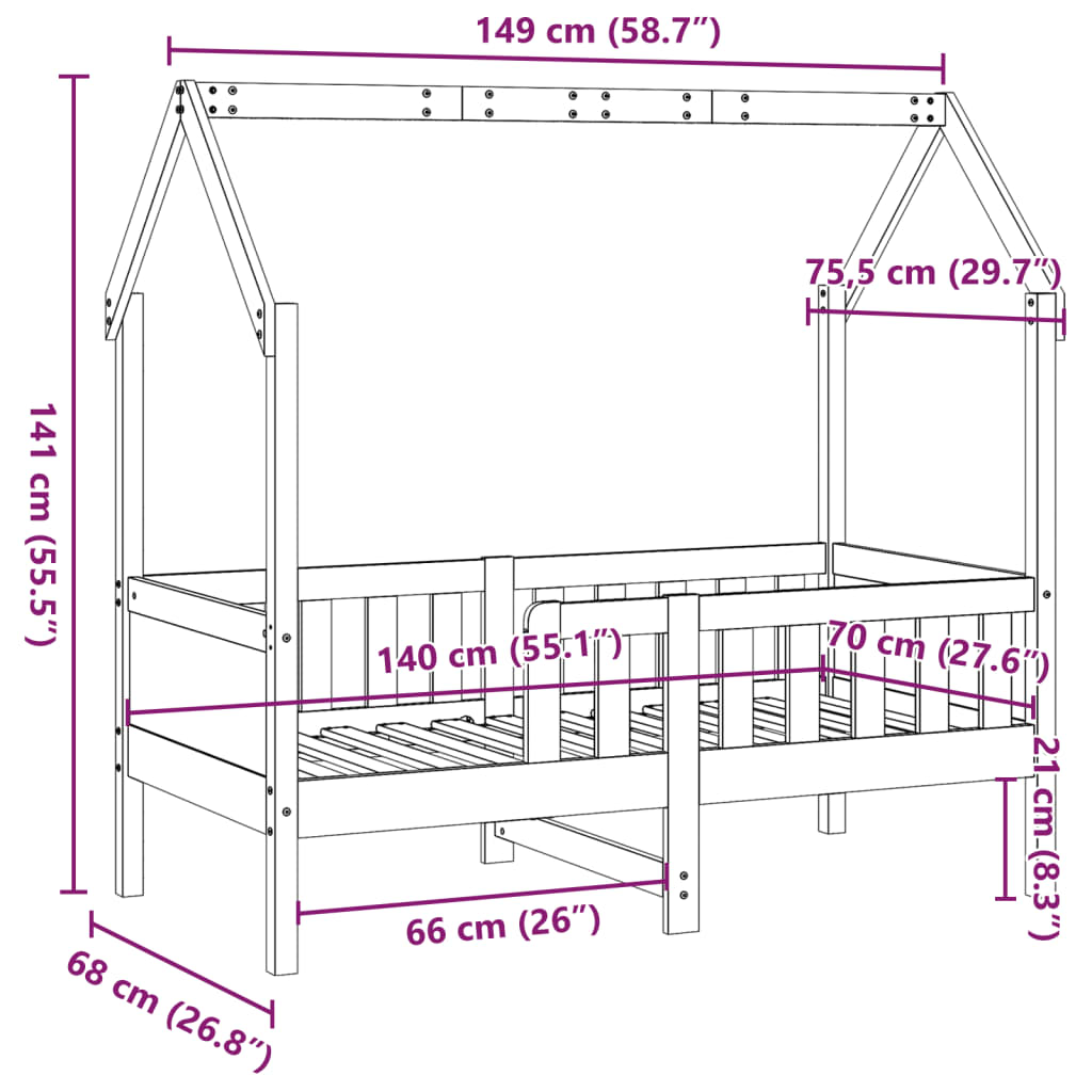 Lit enfant lit cabane 70x140 cm bois de pin massif