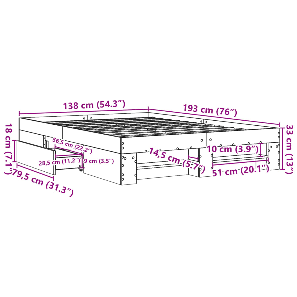 Bettgestell Betongrau 135x190 cm Holzwerkstoff