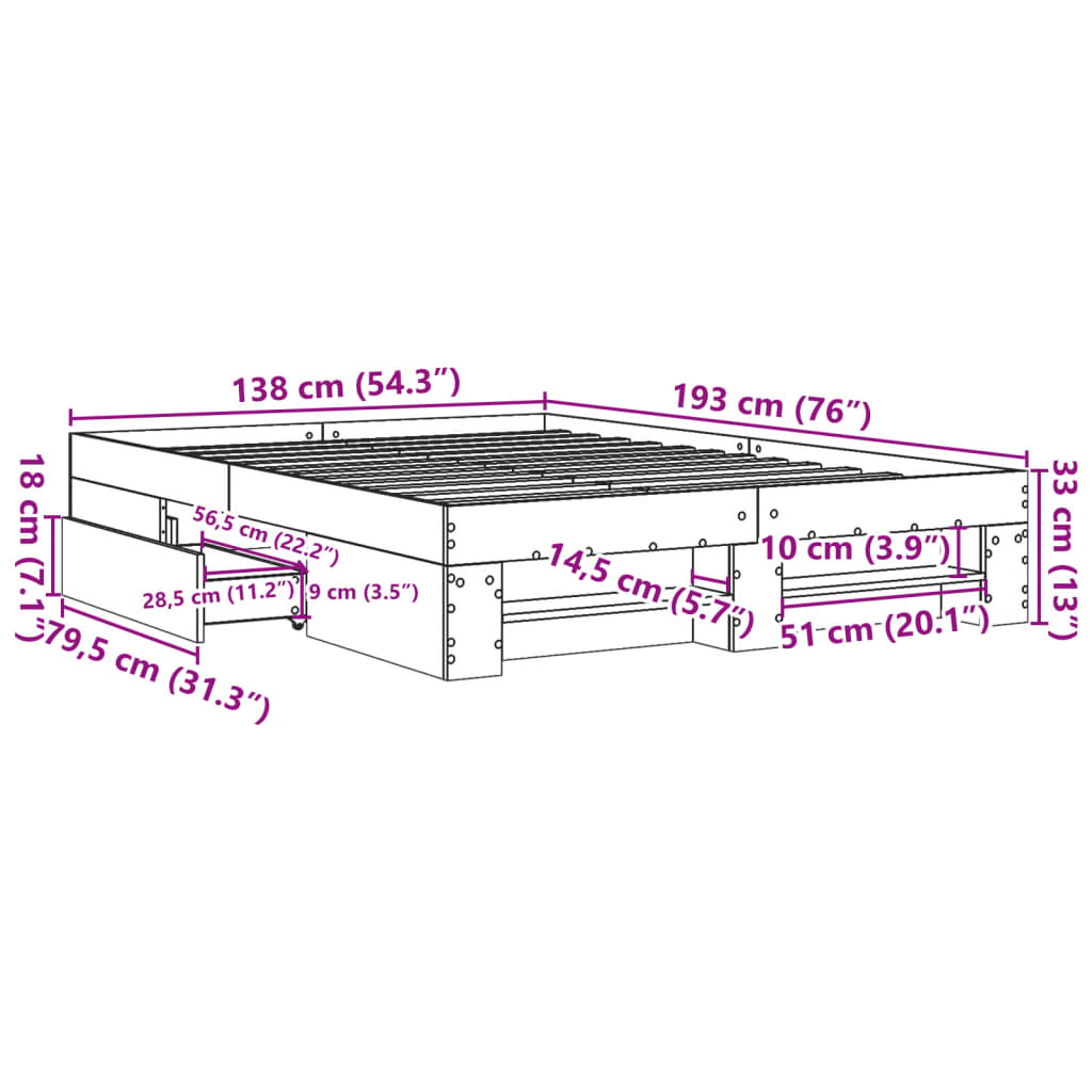 Bettgestell Grau Sonoma 135x190 cm Holzwerkstoff