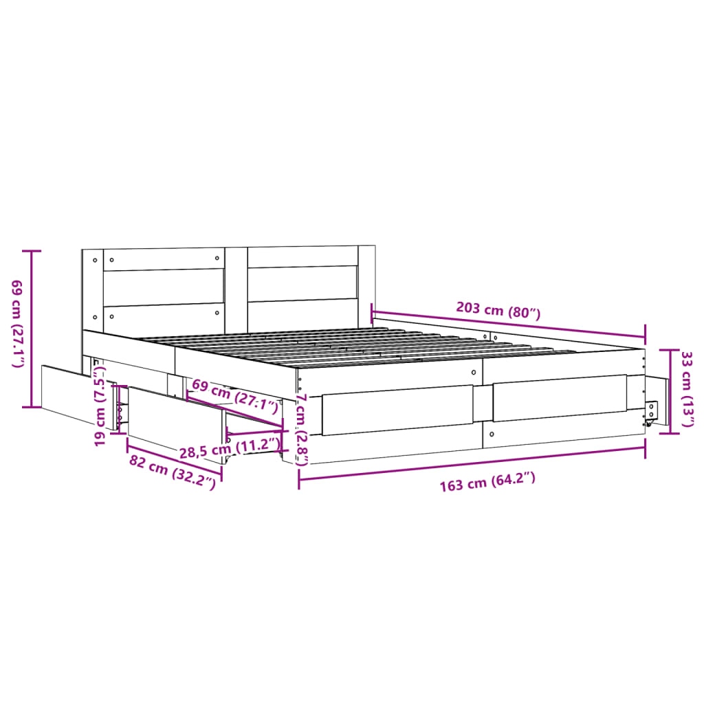 Bed frame with headboard without mattress white 160x200 cm