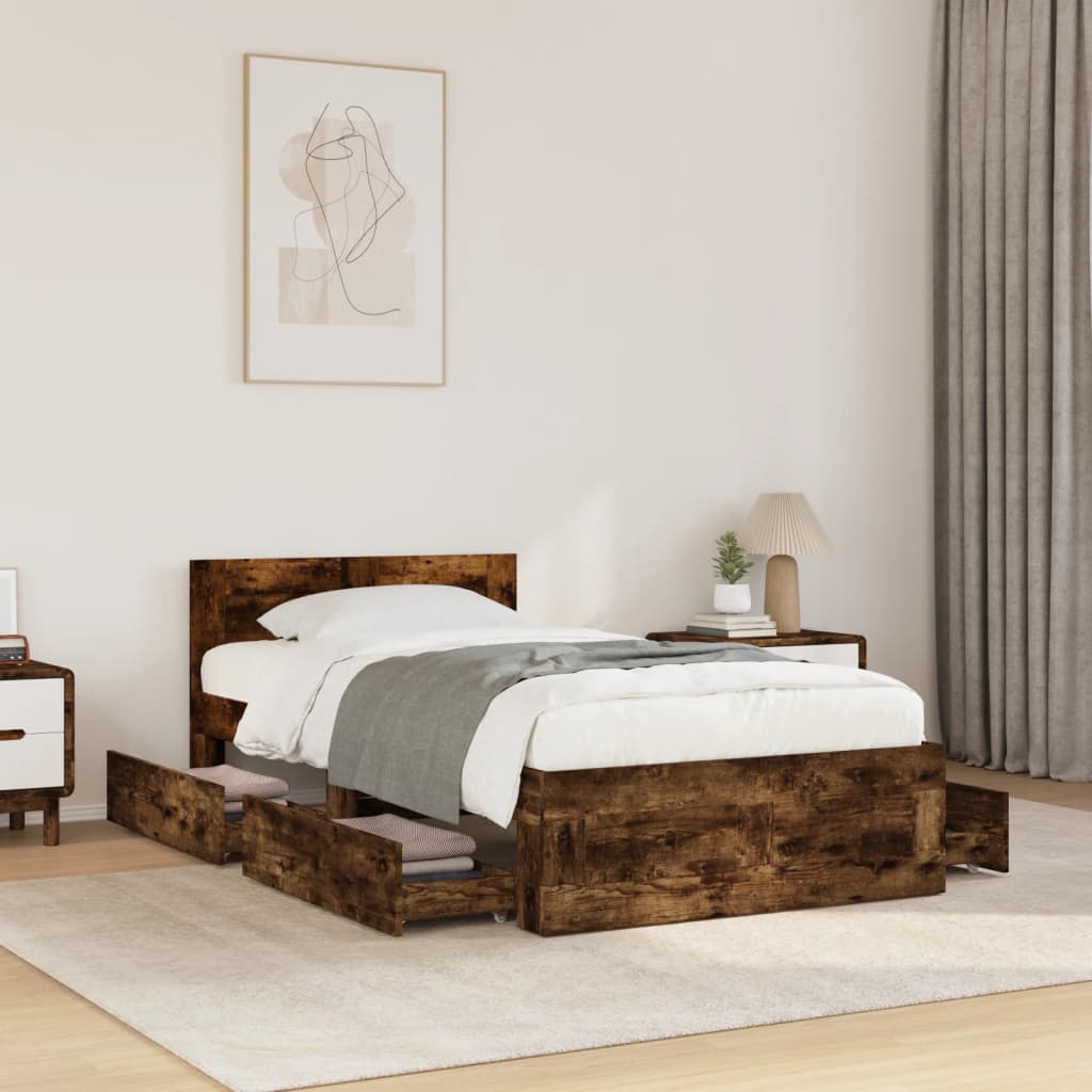 Bed frame with headboard smoked oak 75x190 cm wood material