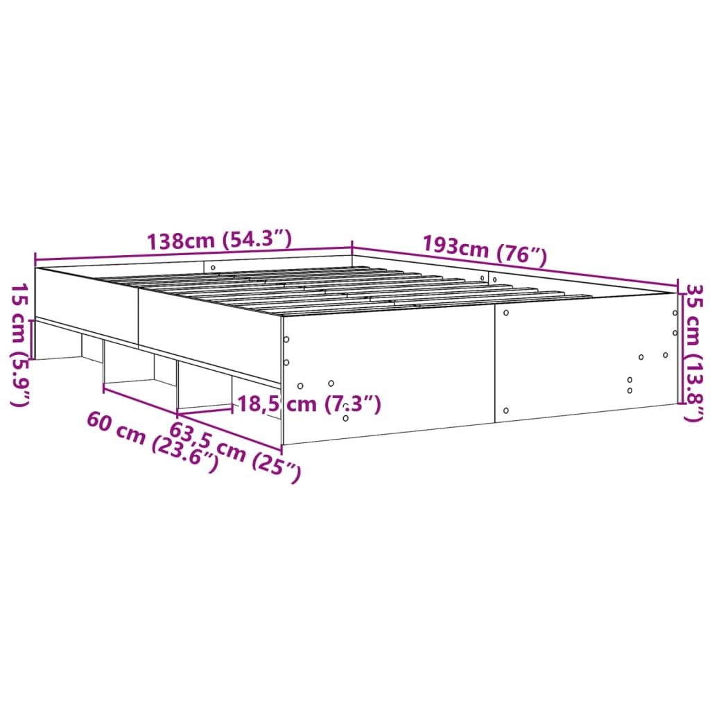 Bettgestell Betongrau 135x190 cm Holzwerkstoff