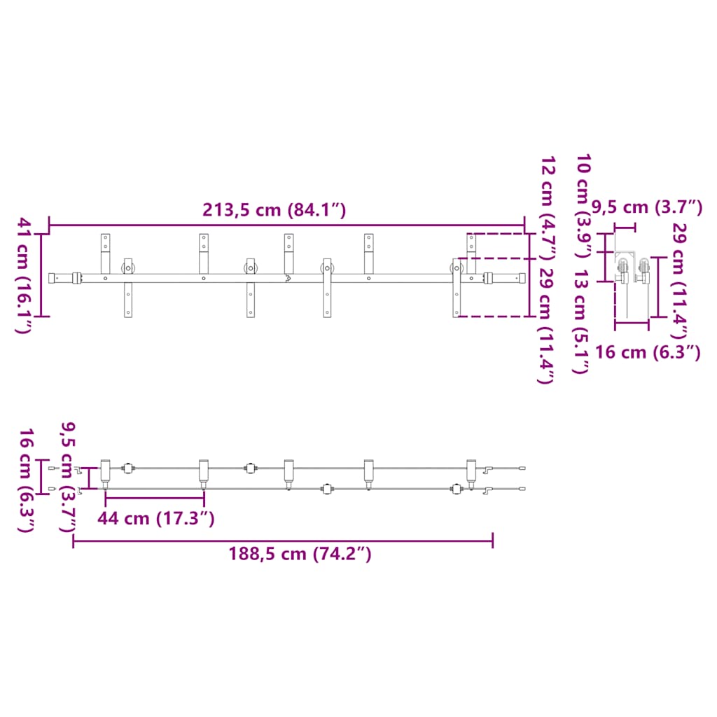 Schiebetürbeschlag-Set 213,5 cm Stahl Schwarz