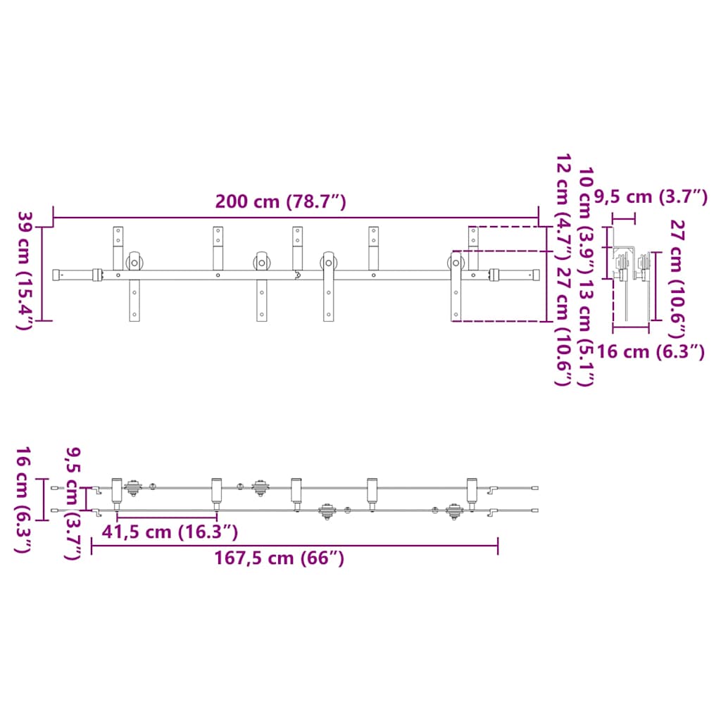 Schiebetürbeschlag-Set 200 cm Stahl Schwarz