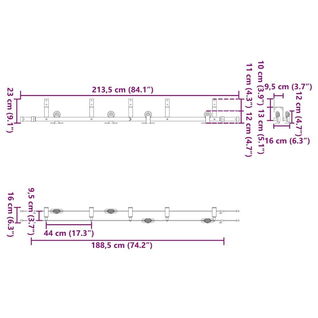 Schiebetürbeschlag-Set 213,5 cm Stahl Schwarz