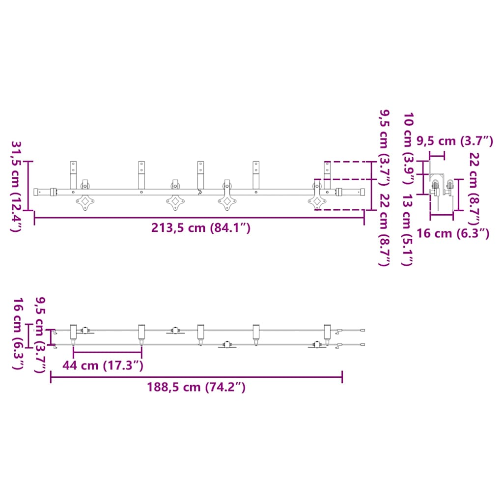 Schiebetürbeschlag-Set 213,5 cm Stahl Schwarz