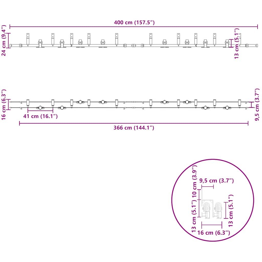 Schiebetürbeschlag-Set 400 cm Stahl Schwarz