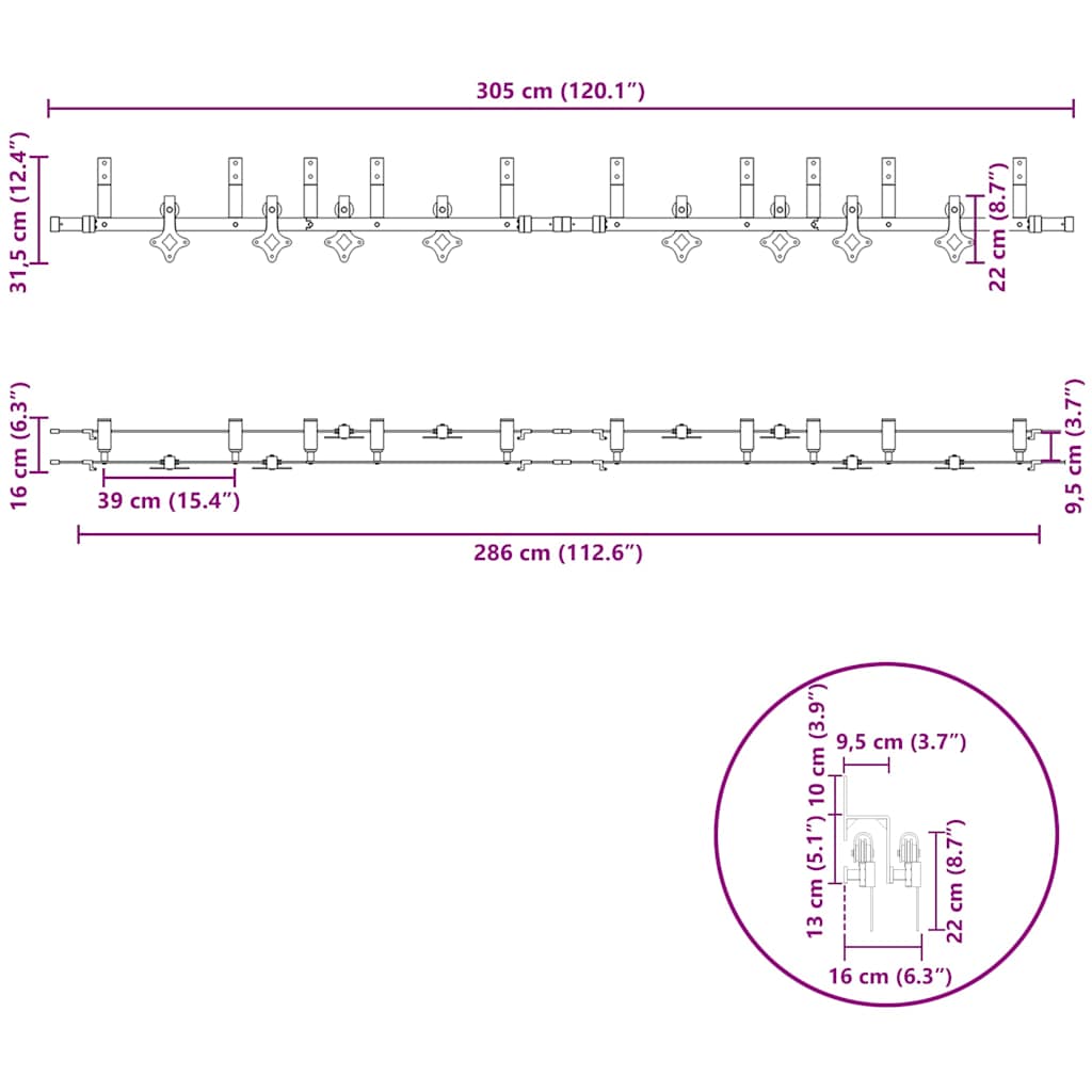 Schiebetürbeschlag-Set 305 cm Stahl Schwarz