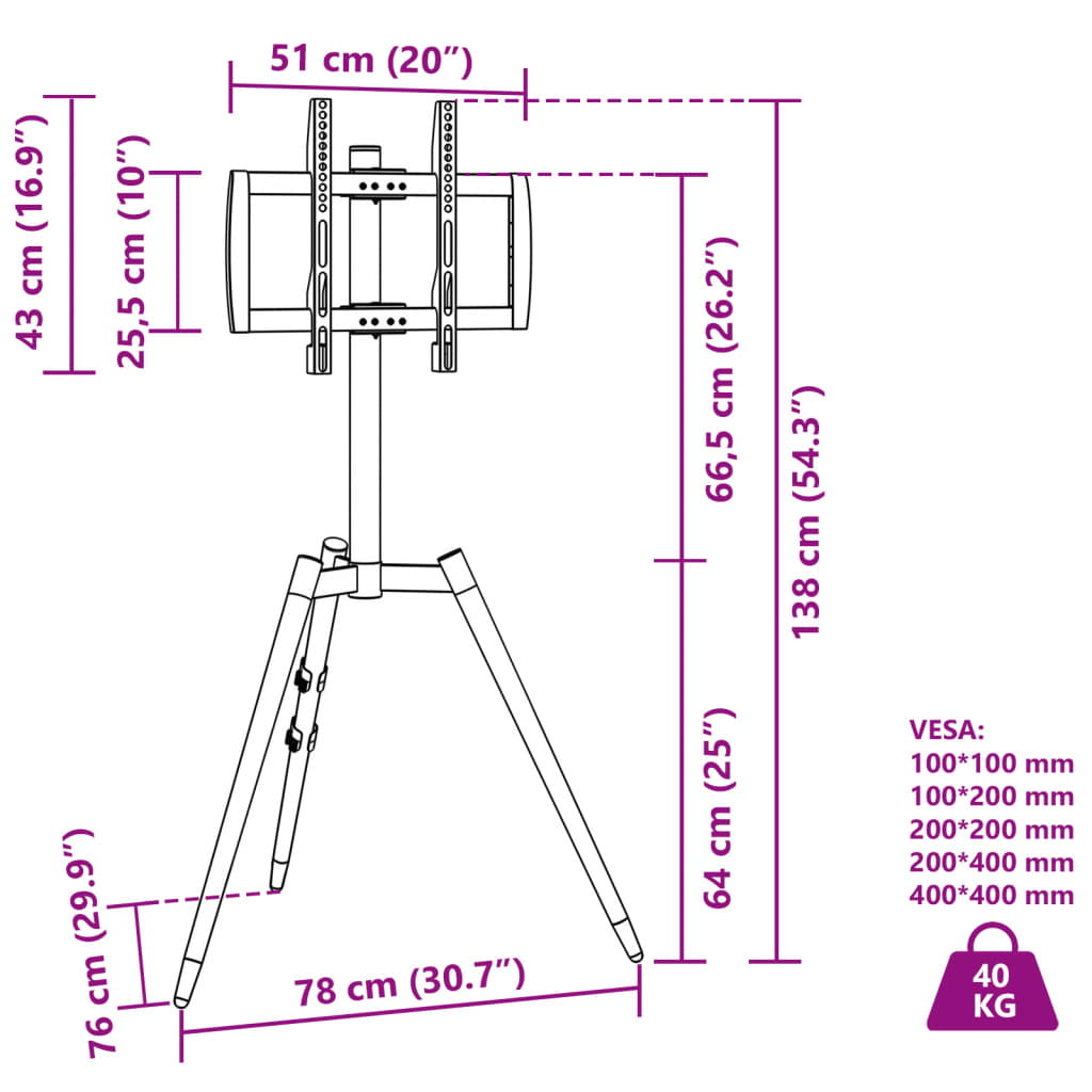 Trépied TV écran 37-65 pouces Max VESA 400x400 mm 40 kg