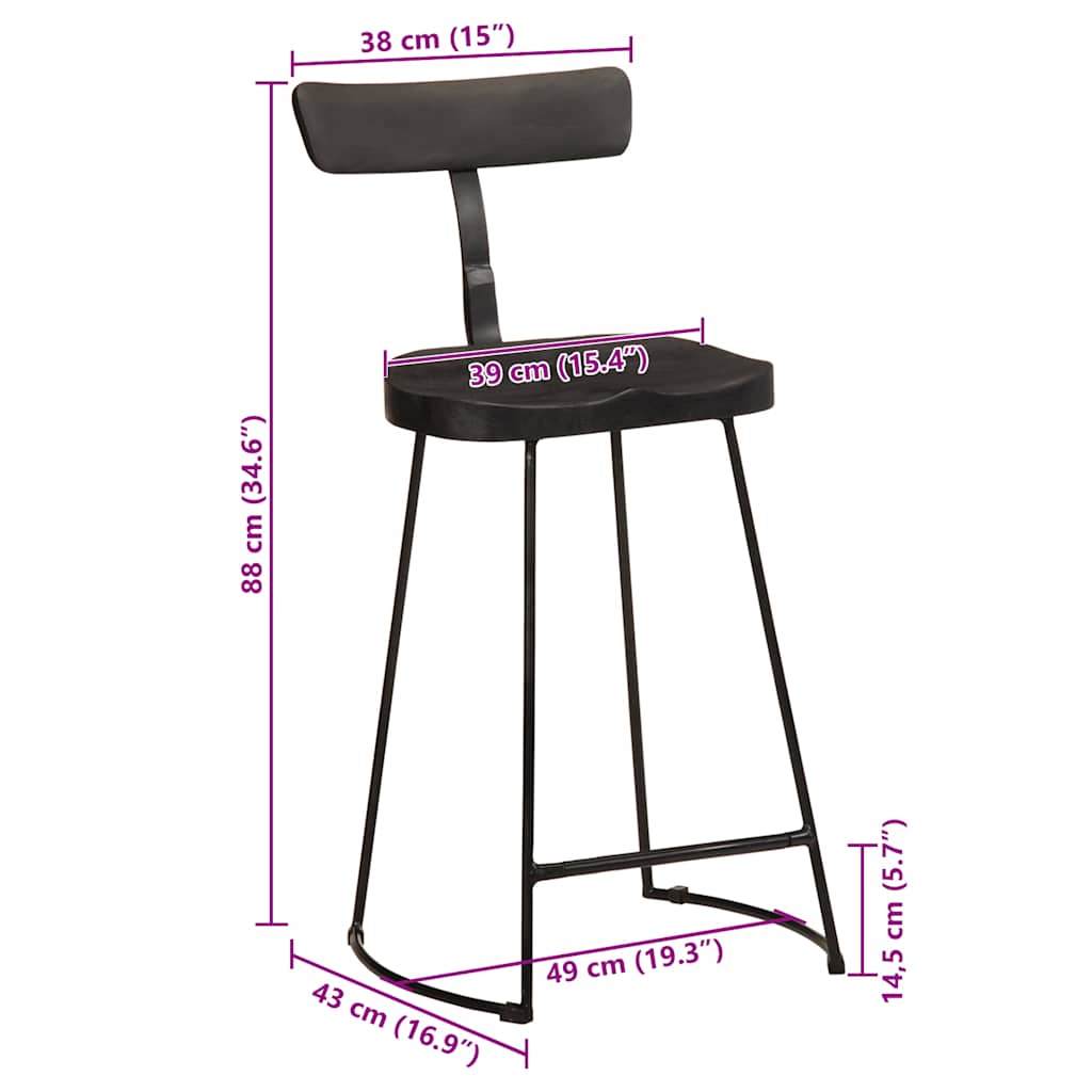 Barhocker 2 Stk. Schwarz 49x43x88 cm Mango Massivholz