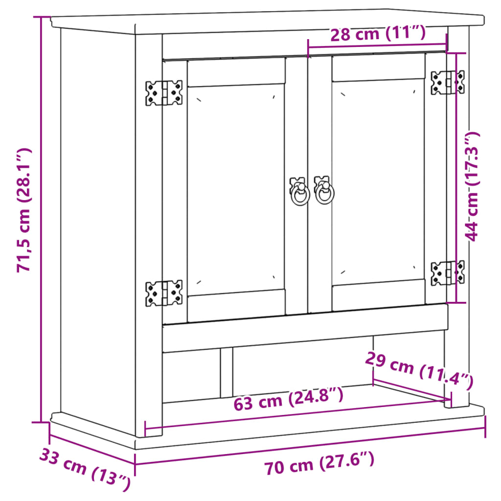 Meuble mural de salle de bain Corona 70x33x71,5 cm en bois de pin massif