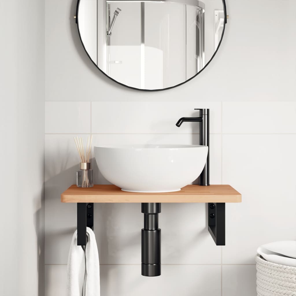 Waschbeckenregal Wandmontage Stahl und Massivholz Buche