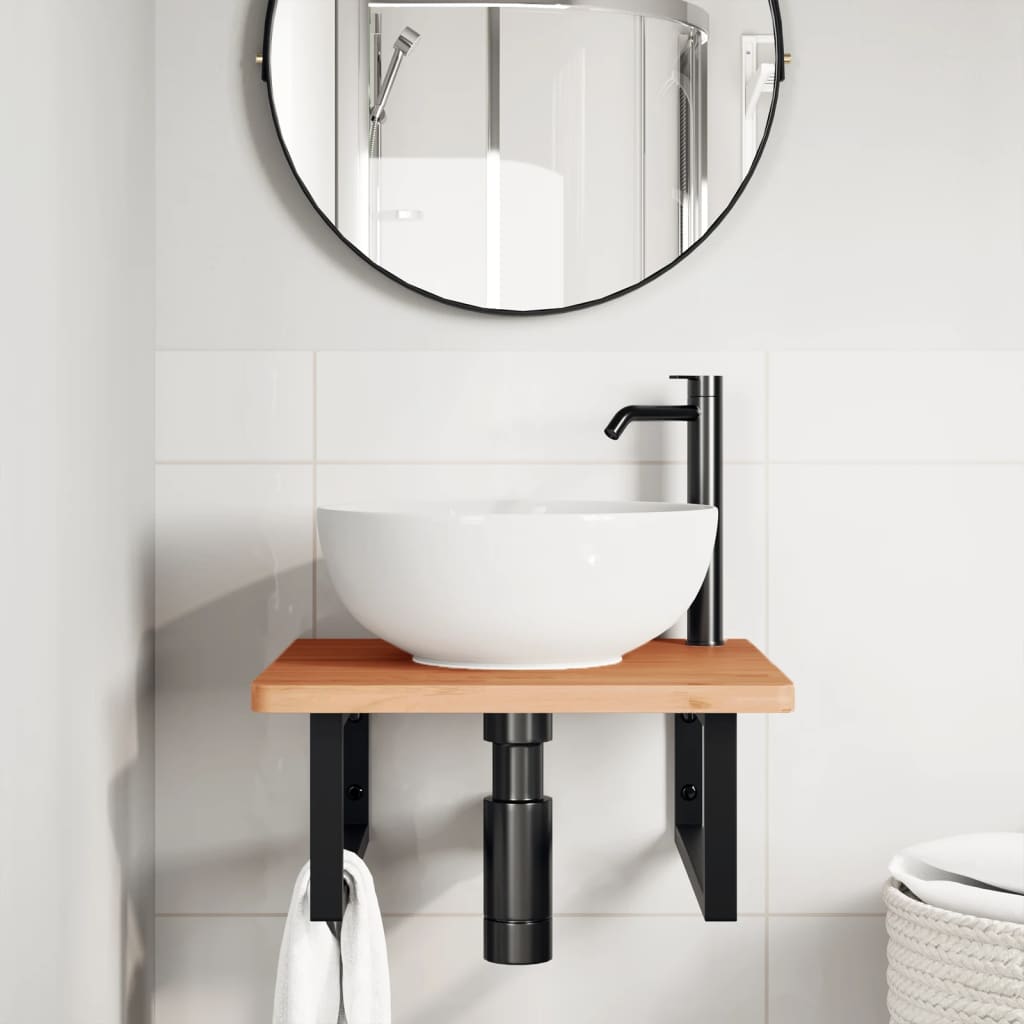 Washbasin shelf wall-mounted steel and solid beech wood