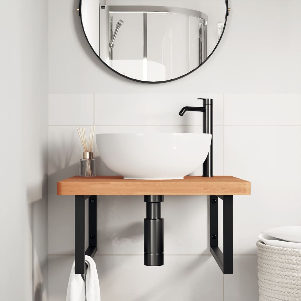 Washbasin shelf wall-mounted steel and solid beech wood