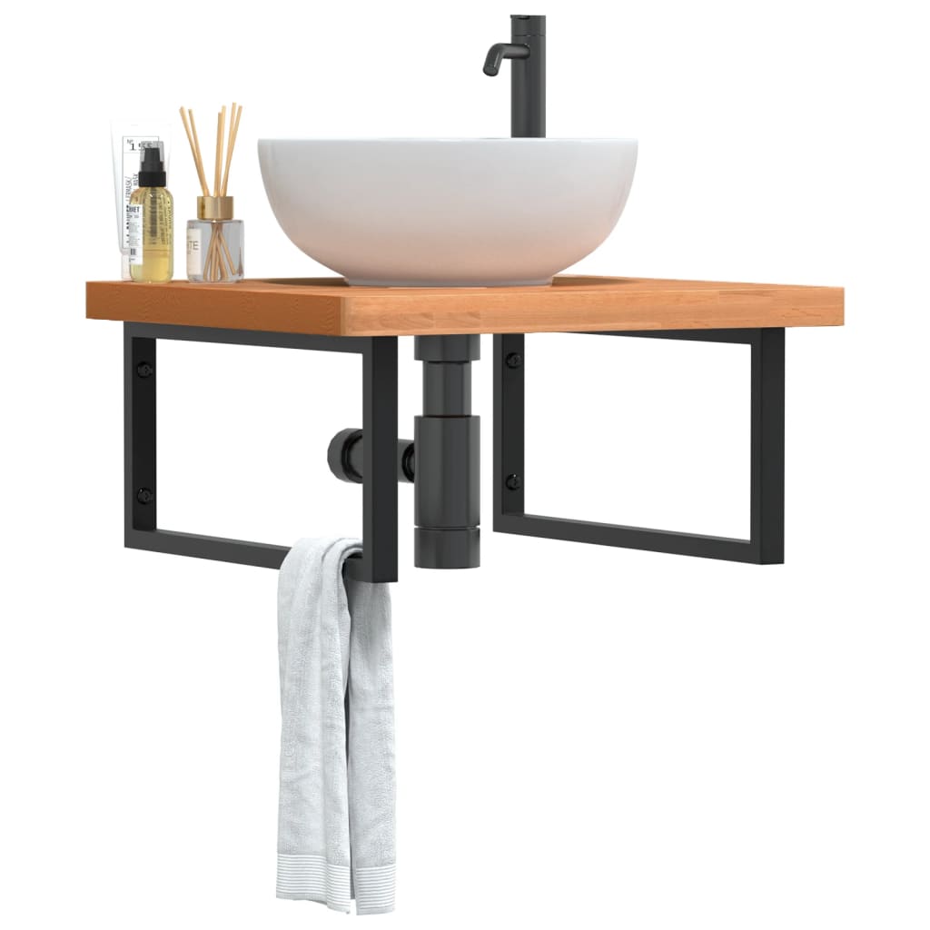 Washbasin shelf wall-mounted steel and solid beech wood