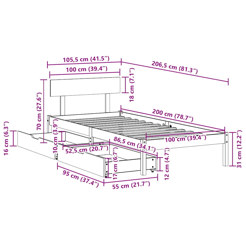 Massivholzbett ohne Matratze Weiß 100x200 cm Kiefernholz
