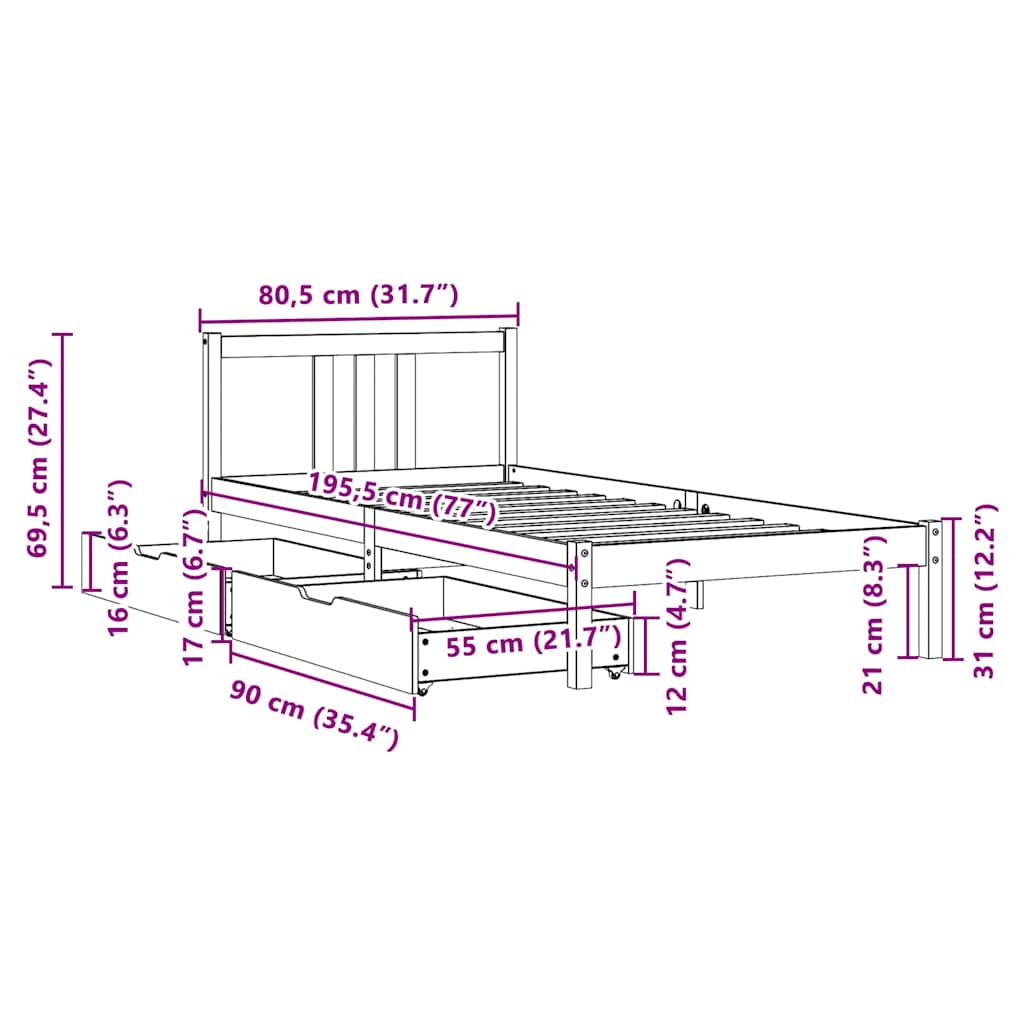 Massivholzbett ohne Matratze 75x190 cm Kiefernholz