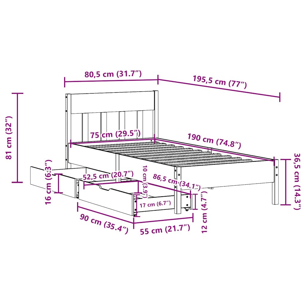 Massivholzbett ohne Matratze 75x190 cm Kiefernholz
