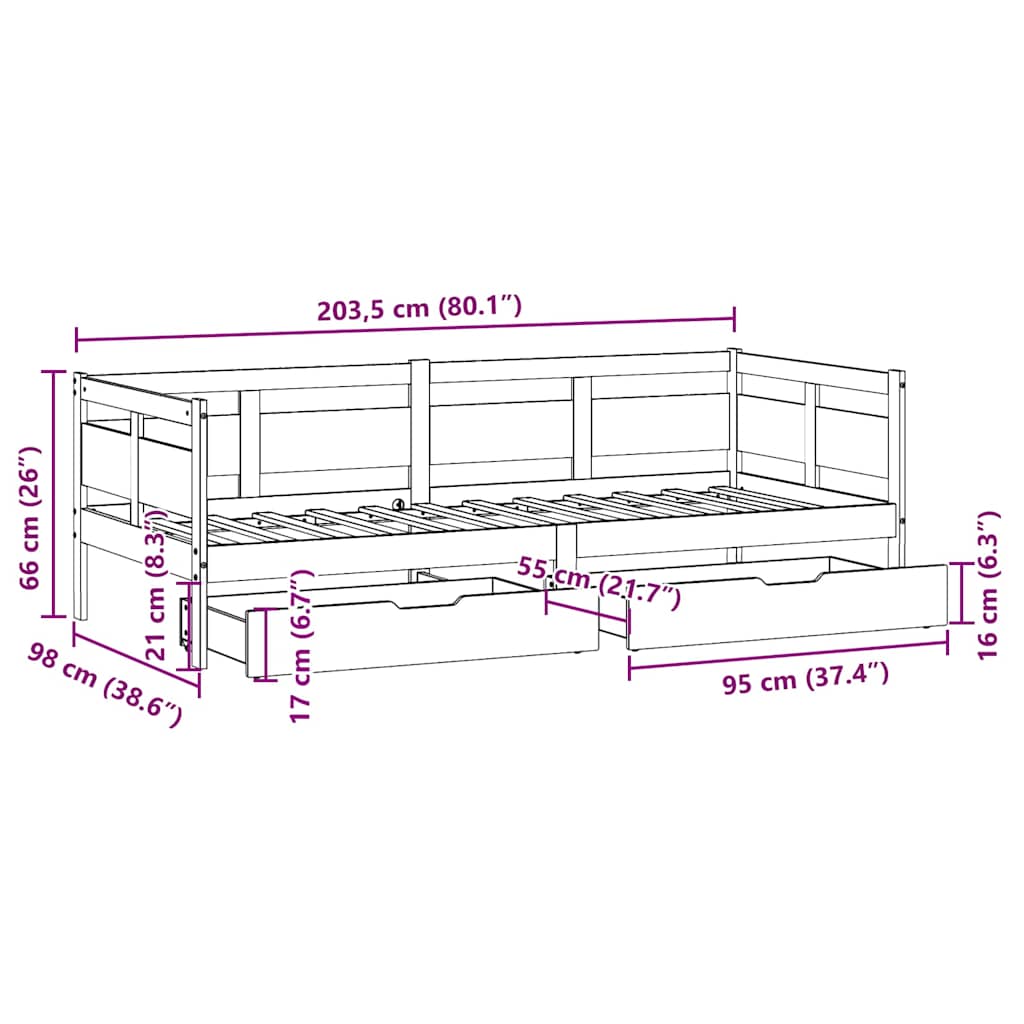 Tagesbett mit Schubladen Weiß 90x200 cm Kiefernholz