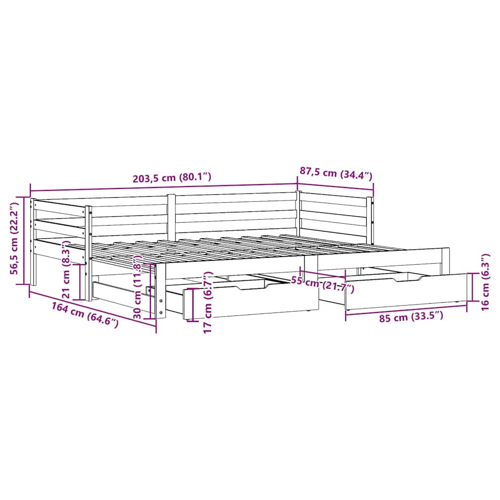 Tagesbett Ausziehbar mit Schubladen ohne Matratze 80x200 cm