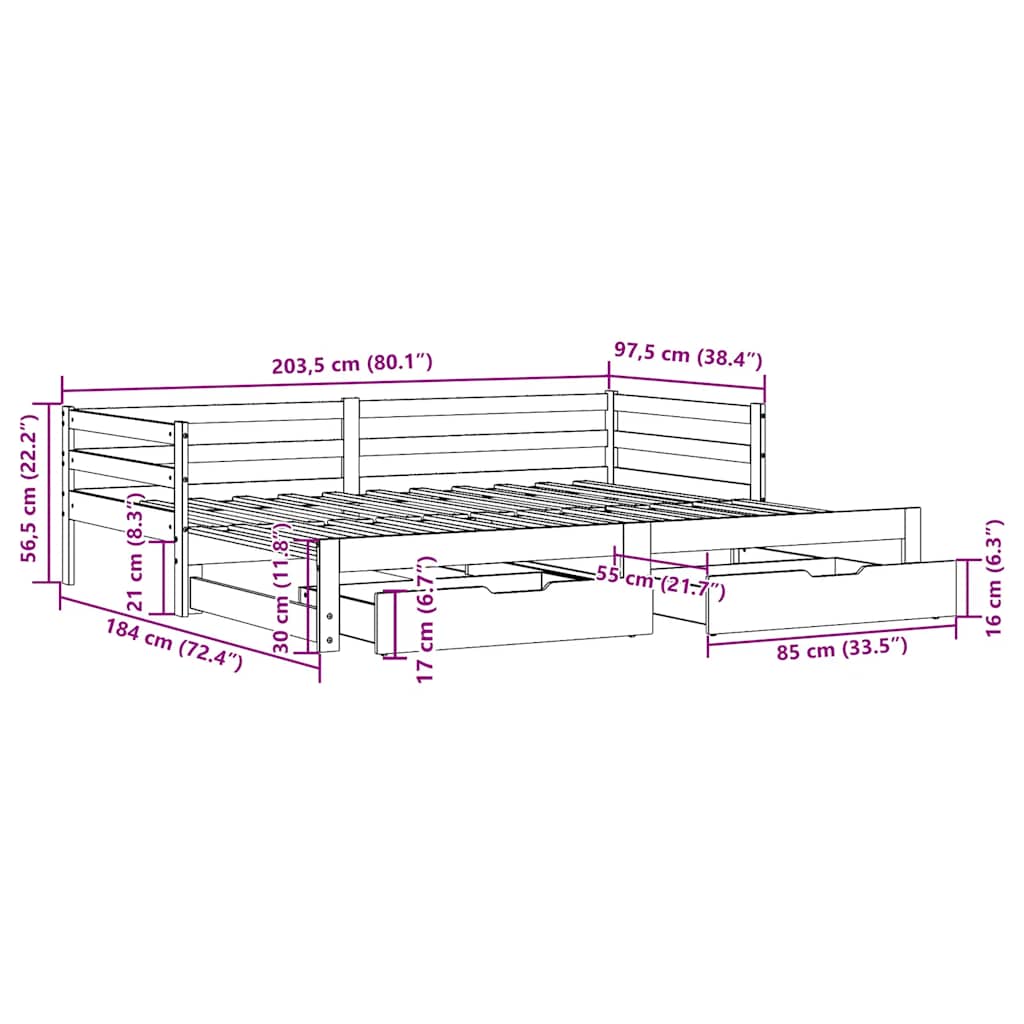 Tagesbett Ausziehbar mit Schubladen 90x200 cm Massivholz Kiefer