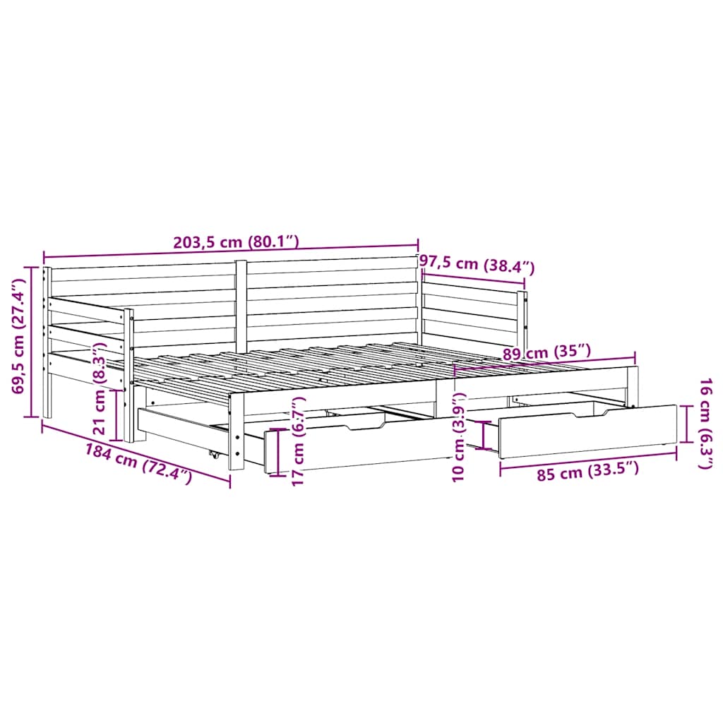 Tagesbett Ausziehbar mit Schubladen ohne Matratze Weiß 90x200cm