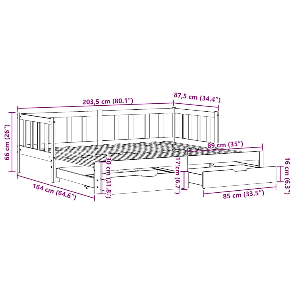 Tagesbett Ausziehbar mit Schubladen ohne Matratze 80x200 cm