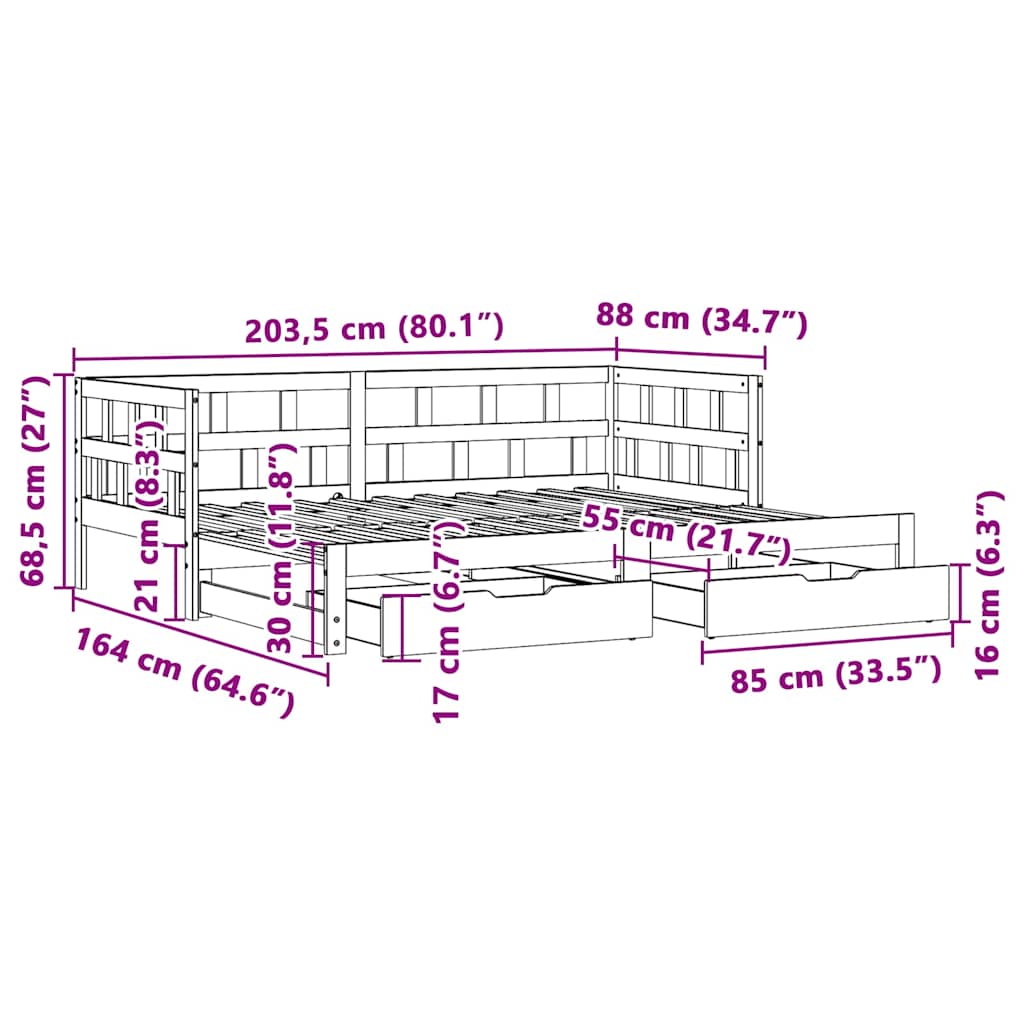 Tagesbett Ausziehbar mit Schubladen ohne Matratze 80x200 cm
