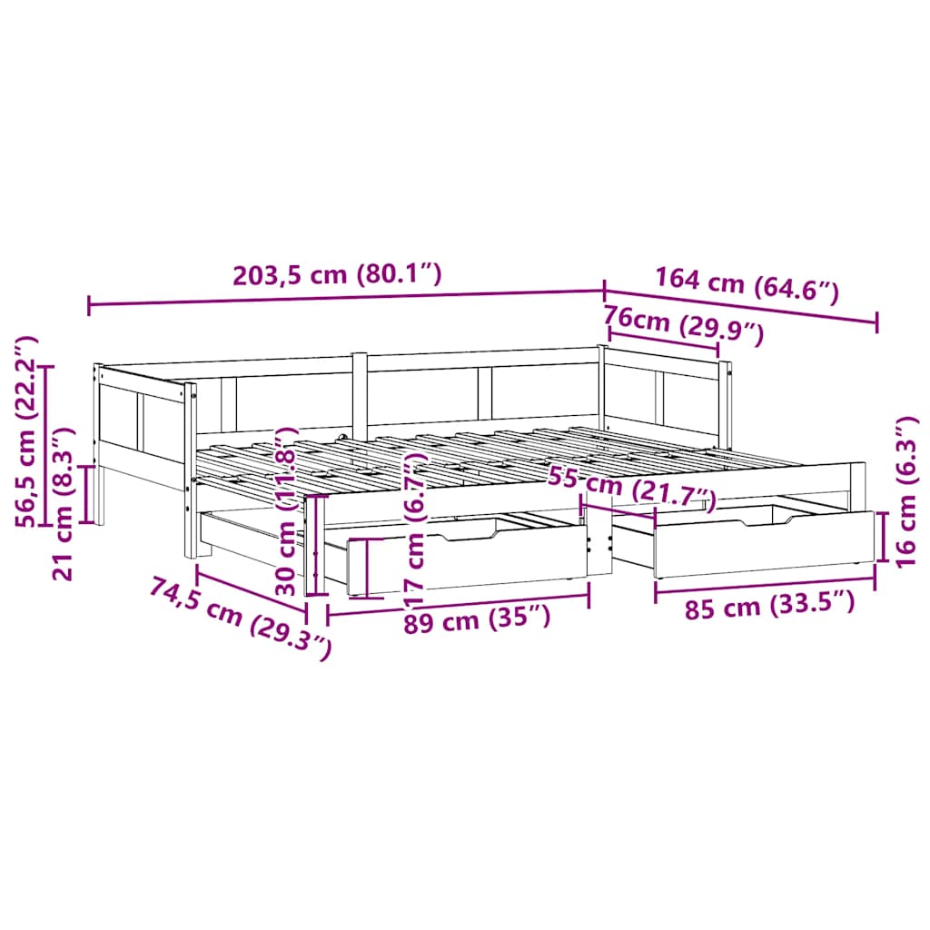 Tagesbett Ausziehbar mit Schubladen ohne Matratze 80x200 cm