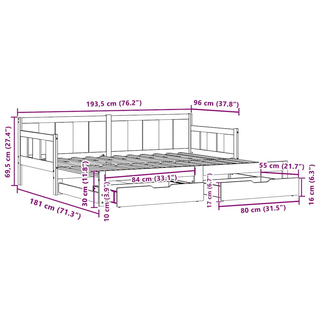Tagesbett Ausziehbar mit Schubladen ohne Matratze 90x190 cm
