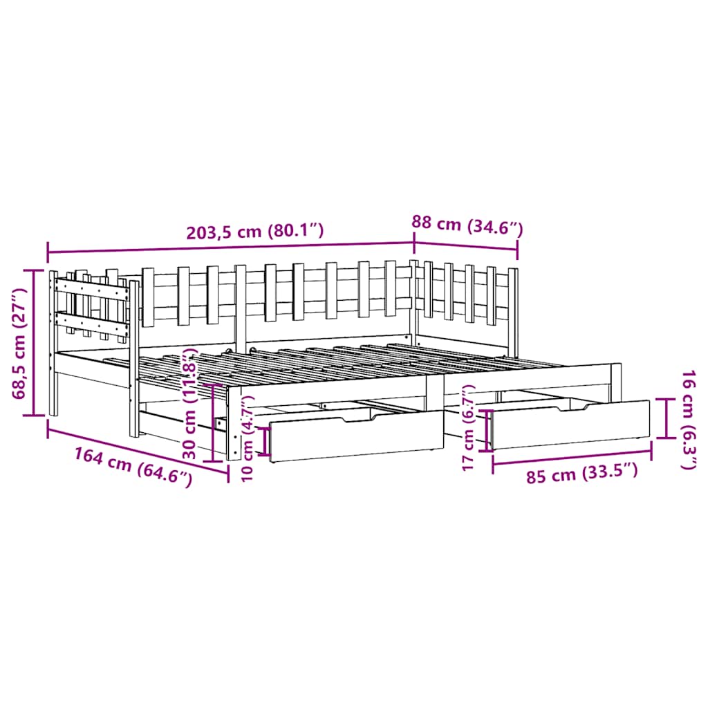 Tagesbett Ausziehbar mit Schubladen ohne Matratze Weiß 80x200cm