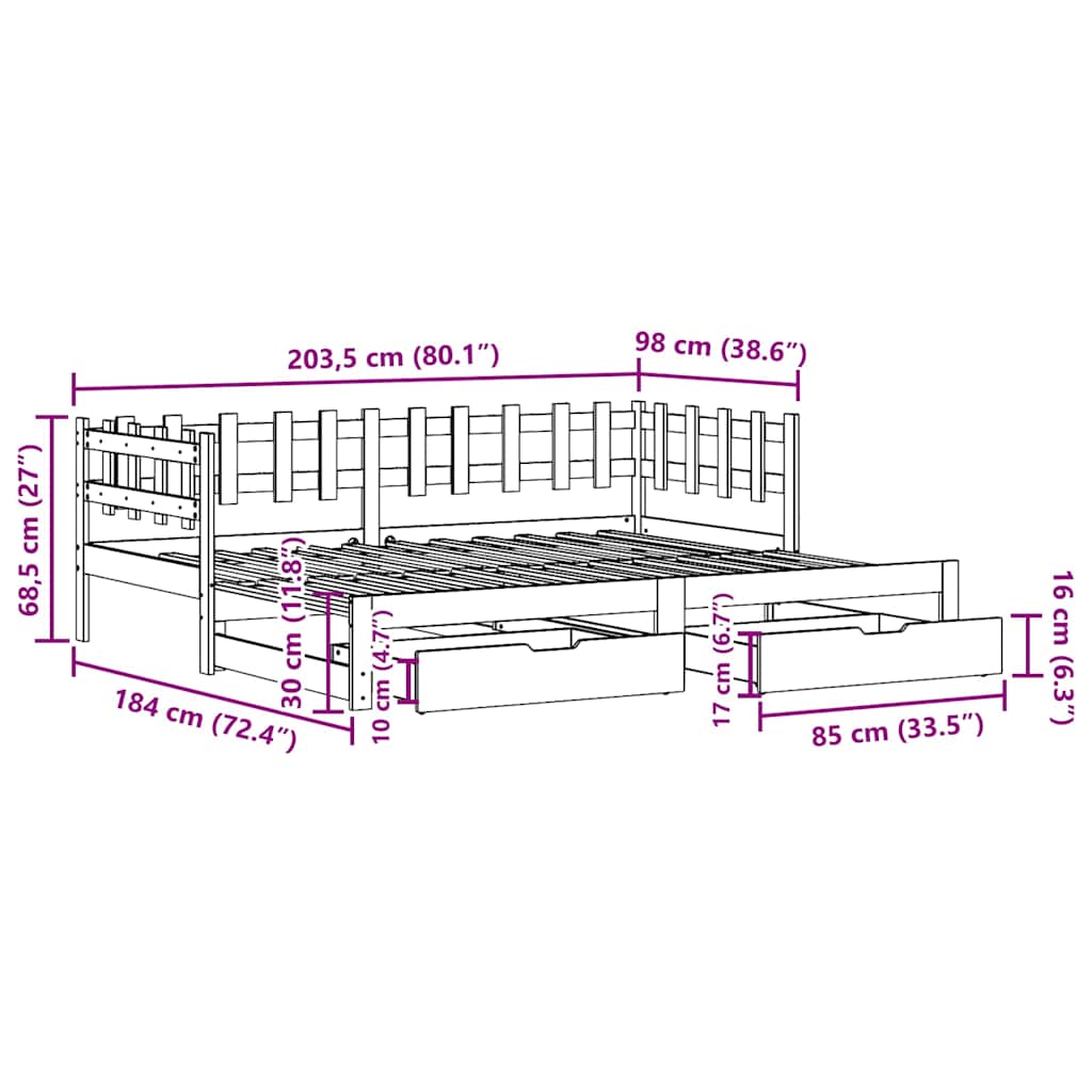 Tagesbett Ausziehbar mit Schubladen ohne Matratze 90x200 cm