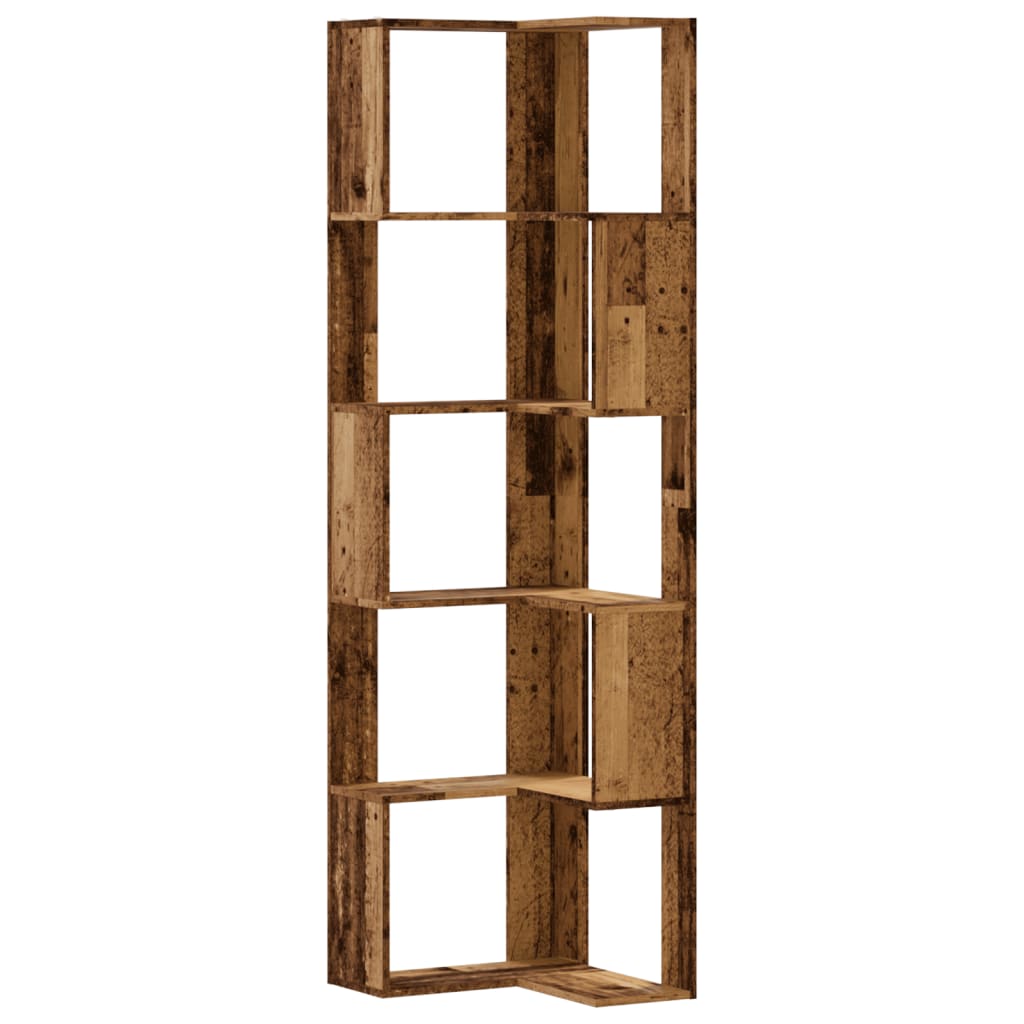 Bibliothèque d'angle 5 étagères aspect bois de récupération 50x50x179cm matériau bois
