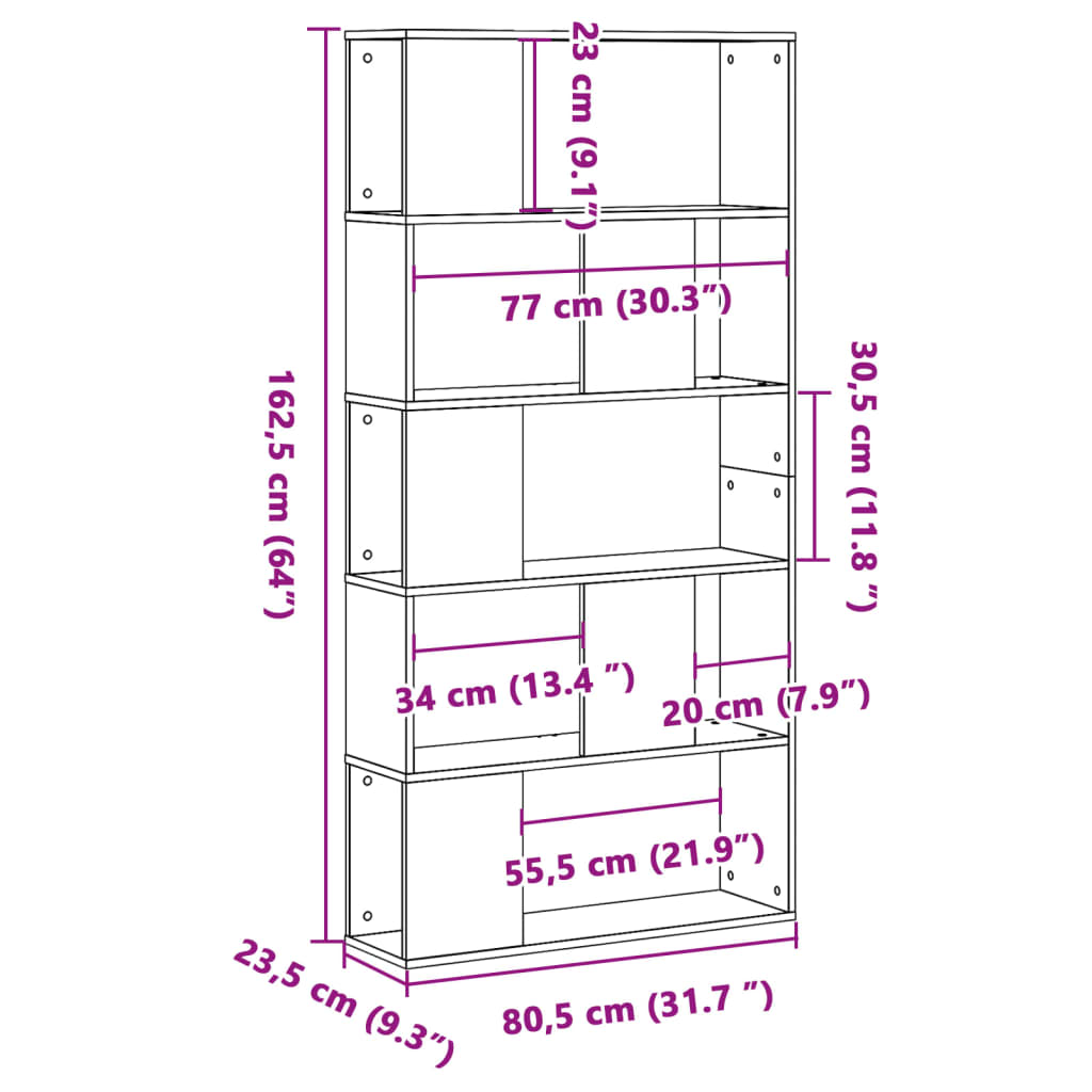 Bibliothèque 5 étagères chêne fumé 80,5x23,5x162,5 matière bois