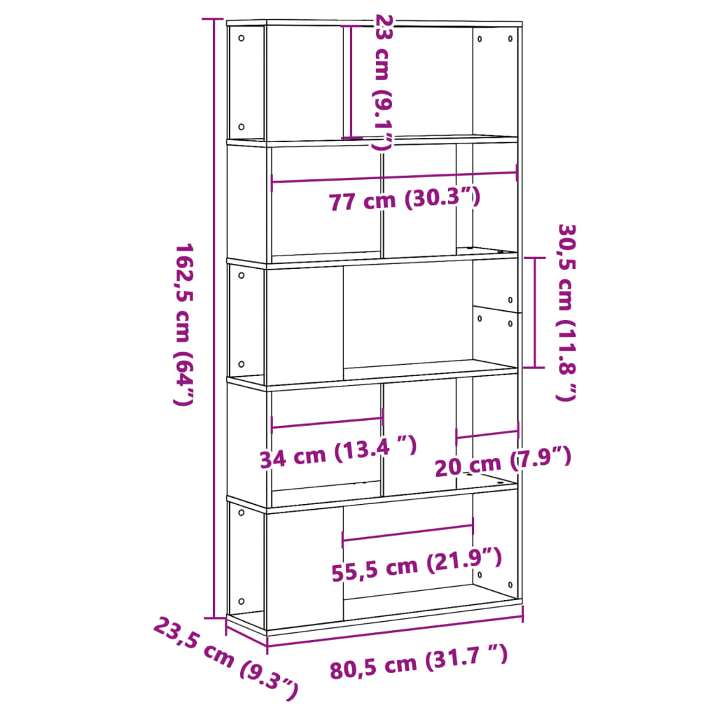 Bücherregal 5 Böden Grau Sonoma 80,5x23,5x162,5 Holzwerkstoff