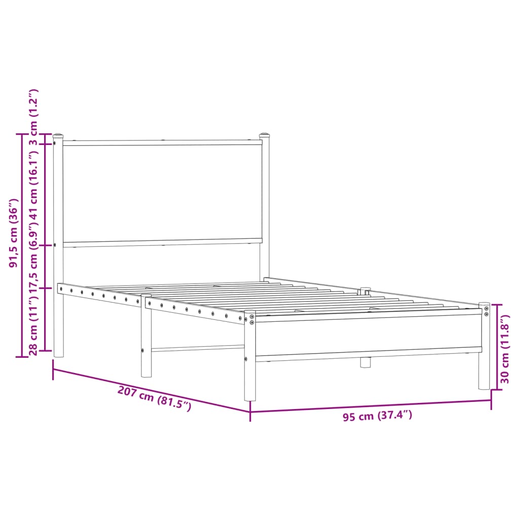 Metallbett ohne Matratze Sonoma-Eiche 90x200 cm