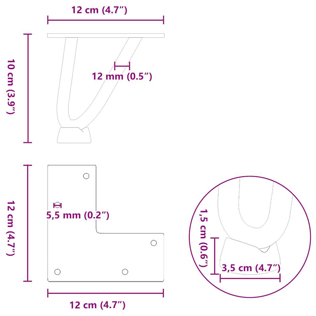 Pieds en épingle à cheveux pour table basse, 4 pièces, noir, 10 cm, acier massif