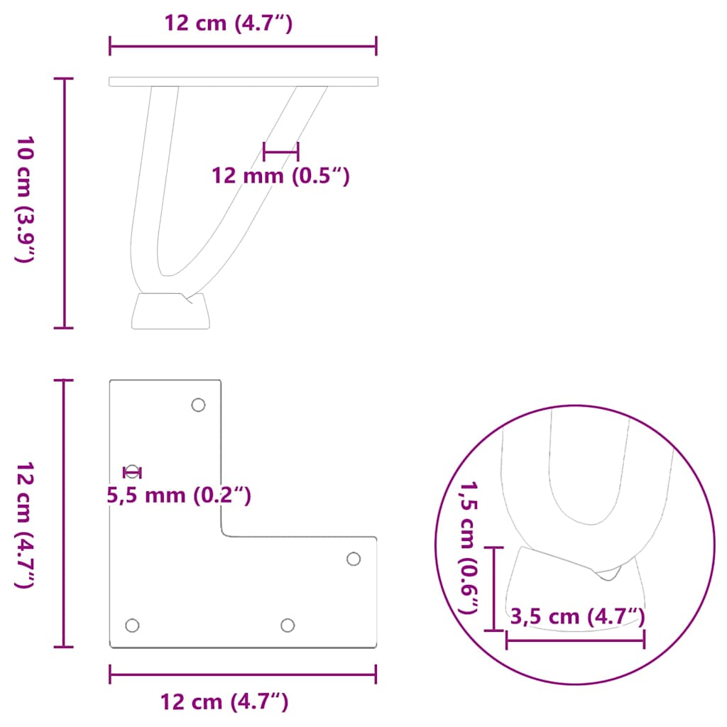 Pieds épingles à cheveux pour table basse, 4 pièces, acier naturel, 10 cm, acier massif