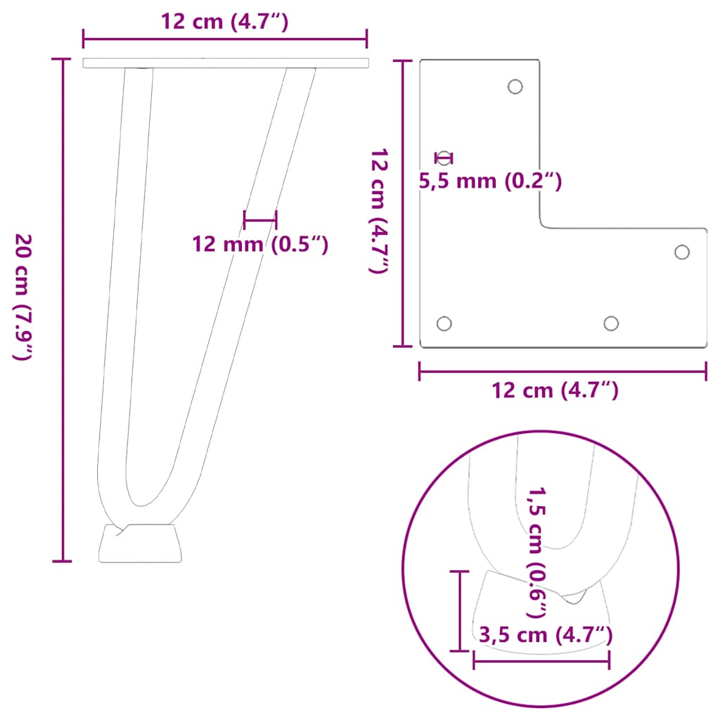 Pieds épingles à cheveux pour table basse, 4 pièces, acier massif, blanc, 20 cm