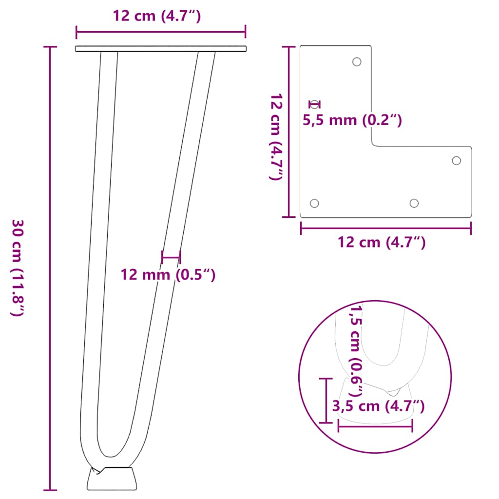 Pieds épingles à cheveux pour table basse, 4 pièces, acier naturel, 30 cm, acier massif