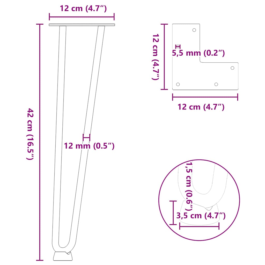 Haarnadelbeine für Couchtisch 4 Stk. Naturstahl 42 cm Massivstahl