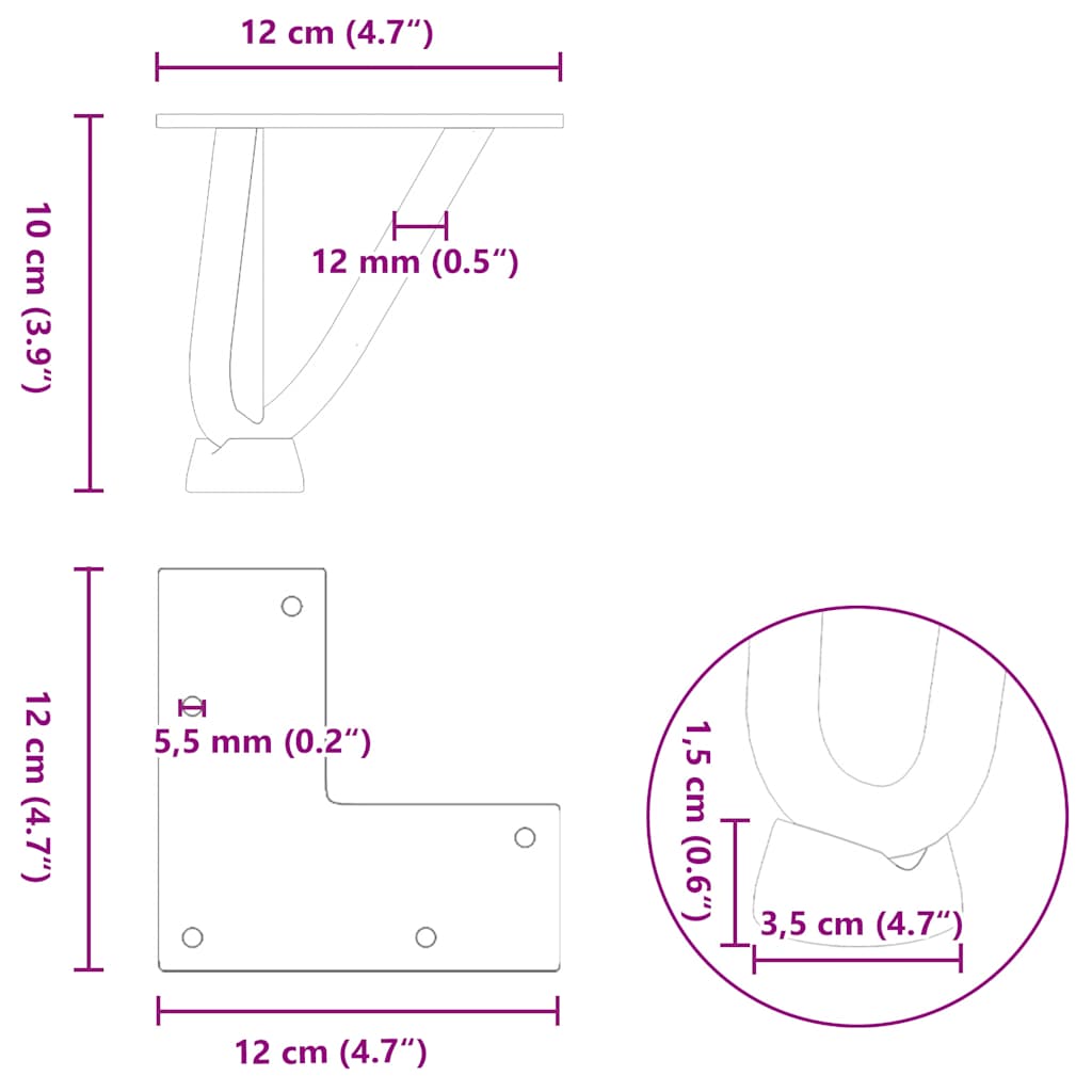 Pieds épingles à cheveux pour table basse, 4 pièces, acier massif, blanc, 10 cm
