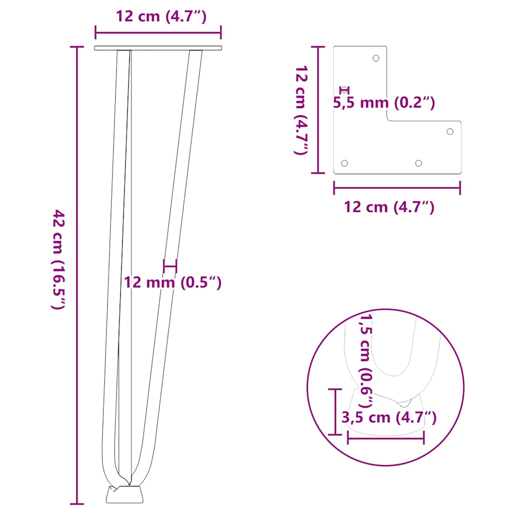Pieds en épingle à cheveux pour table basse, 4 pièces, noir, 42 cm, acier massif