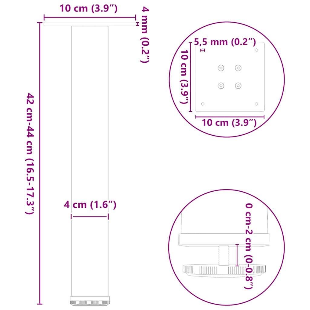Pieds de table basse, 4 pièces, acier, blanc, 42-44 cm