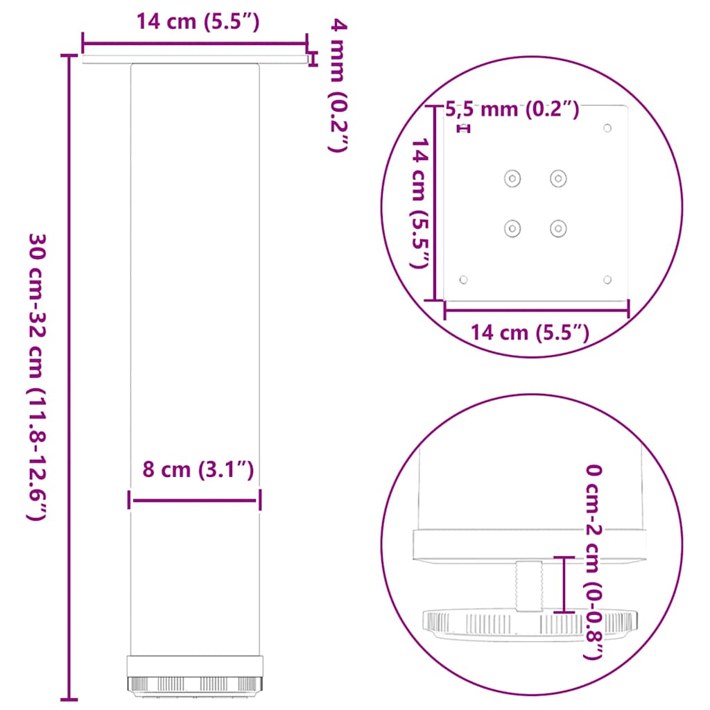 Pieds de table basse, 4 pièces, acier blanc, 30-32 cm