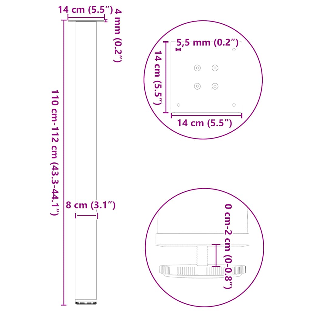 Bartischbeine 4 Stk. Weiß 110-112 cm Stahl